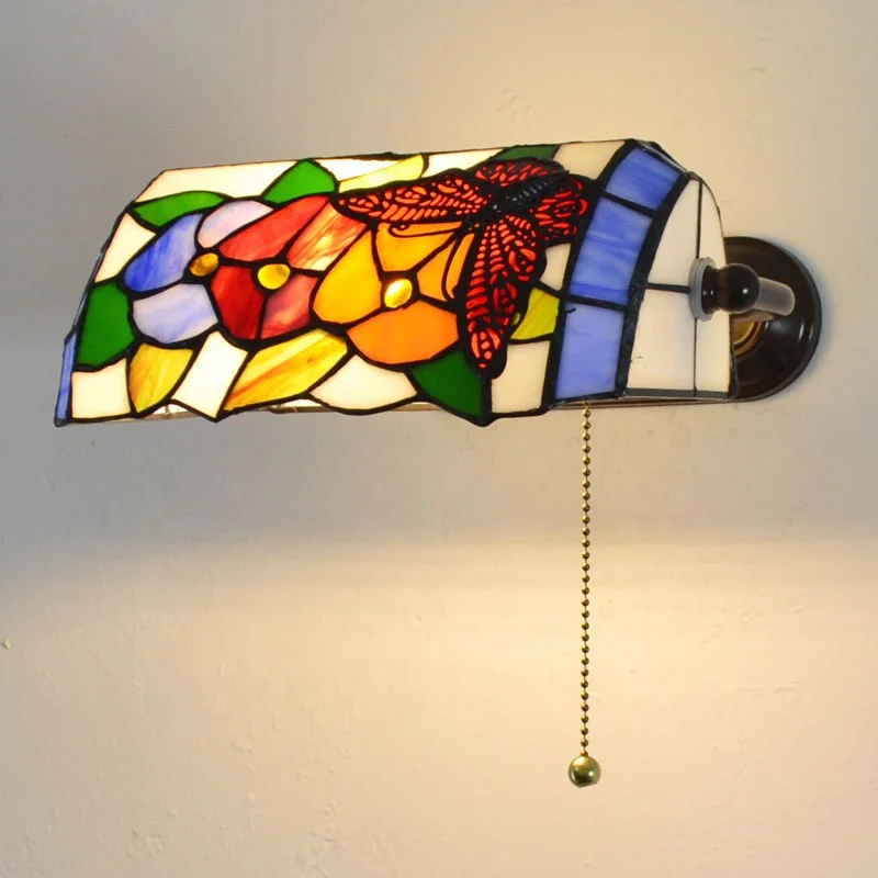 Hot sale for stained glass of Tiffany bank wall lamp with pull switch in home living room bed besides light pull switch