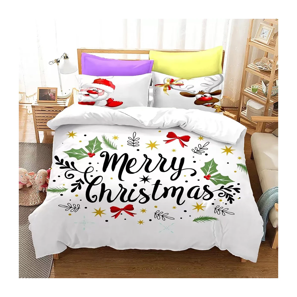 3-Piece Christmas Quilt Set Reversible Bedspread Coverlet And Holiday Pattern Bedding Christmas Red Comforter Set Queen Size