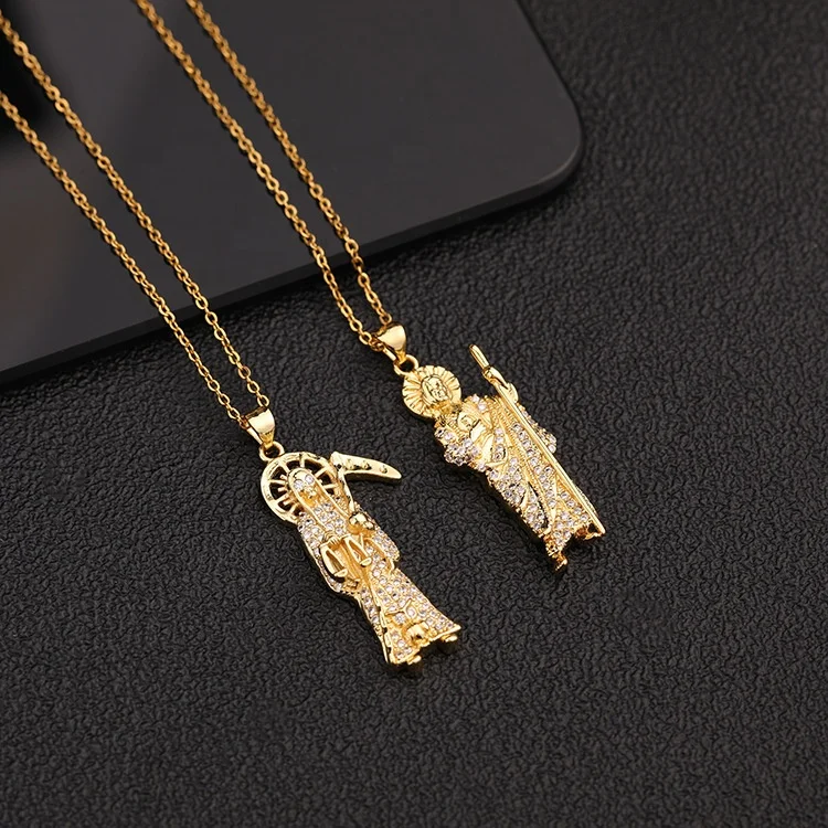 Punk Style Fashion Luxury 18K Gold Plated Copper CZ Crystal Zircon Death Scythe Pendant Necklace for Women Men