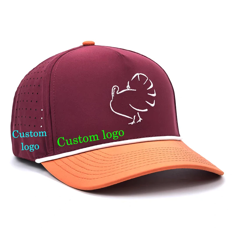 Custom laser cut mesh embroidery sports golf caps 6 panels rubber patch trucker hat surf hat waterproof Baseball Cap with rope