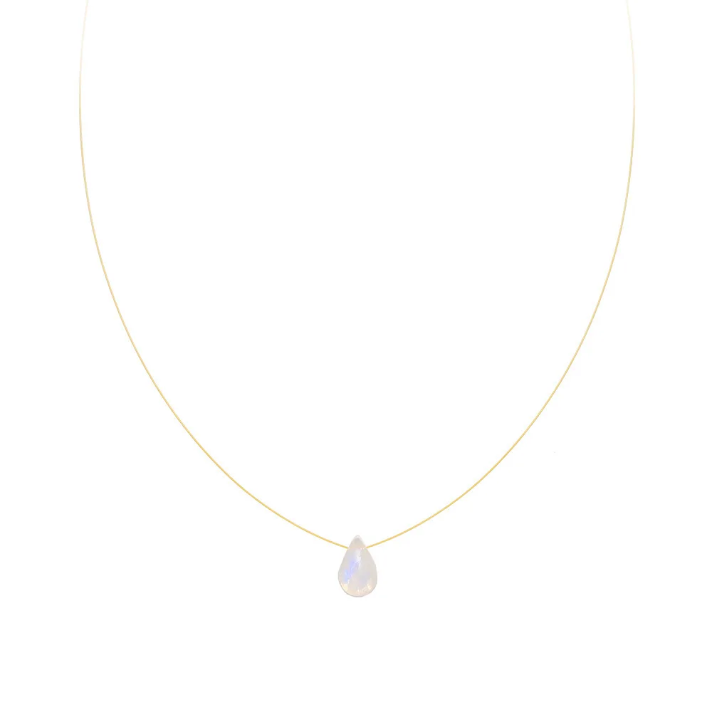 Natural Moonstone jewelry Blue Water Drop Gold Thread 18K Gold Stainless Steel Necklace Dainty Clear Quartz Necklace Women