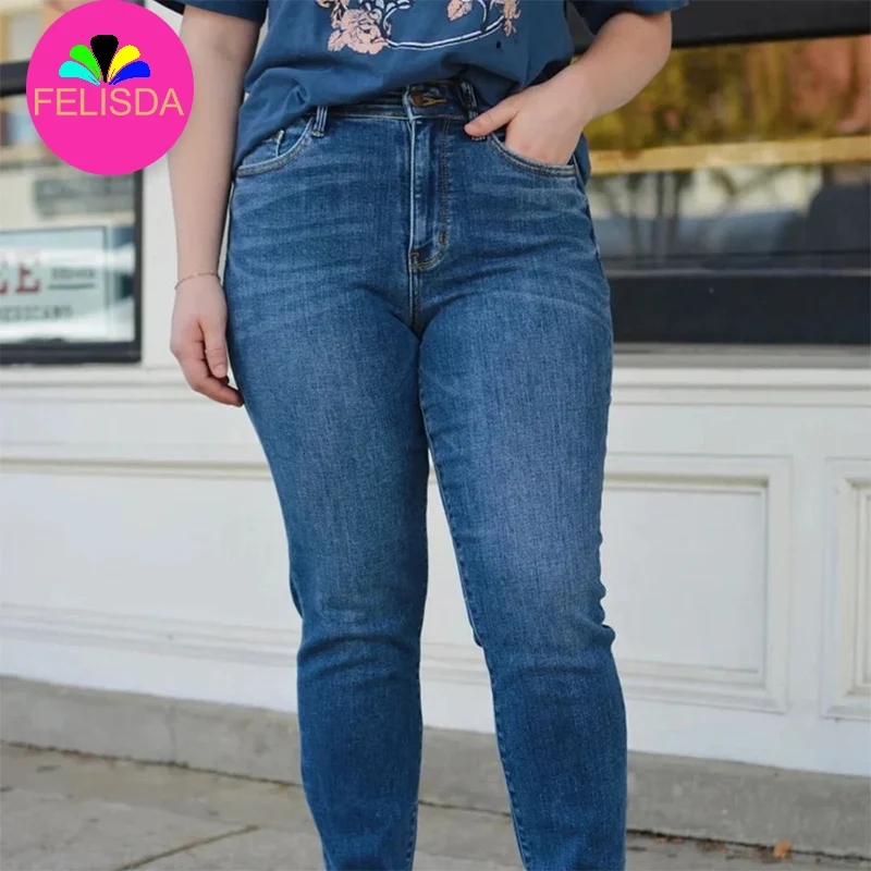 XS-4XL женские джинсы больших размеров модные спортивные брюки обтягивающие Винтажные эластичные классические до щиколотки с высокой талией