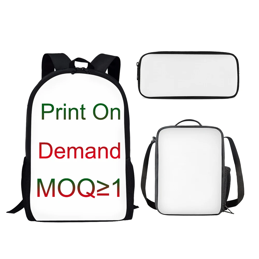 Print On Demand School Backpack Wholesale 3 pieces Student Bag Pencil Pouch Bookbags Lunch Box Bags for Teenage Girls Boys