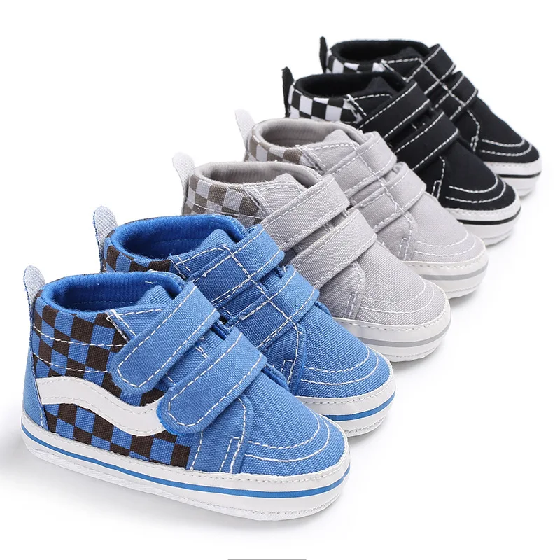 YIZHI Wholesale Cheap Soft Sole Canvas Plaid Toddler Shoes Double Hook High-top Walkers Baby Shoes