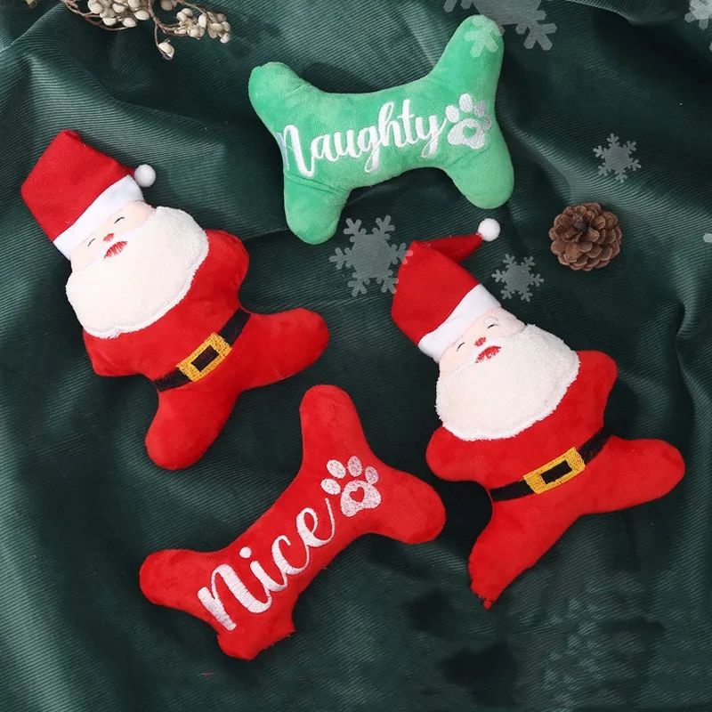 New pet supplies Christmas dog plush toy Vocal dog toy Santa Claus bone shape chew toy