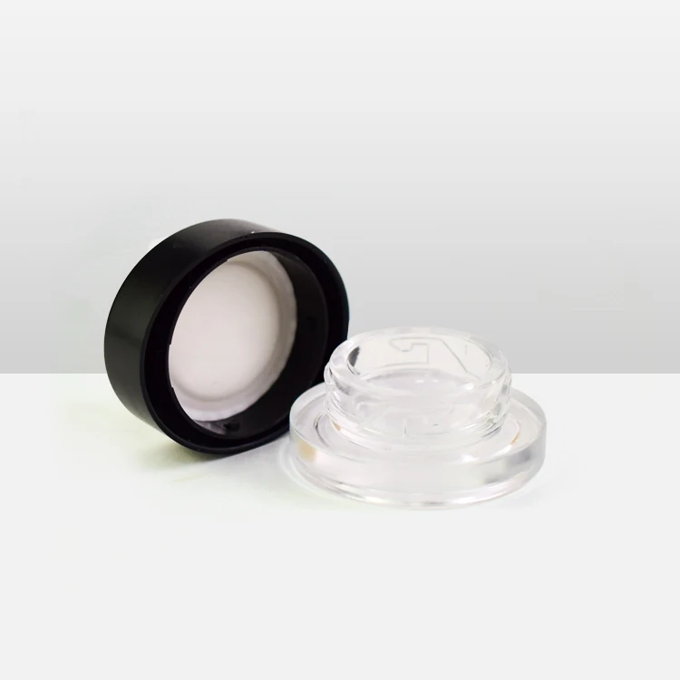 Oval type shaped low profile concentrate glass jars clear container oil smell proof black plastic child proof cap lid logo print