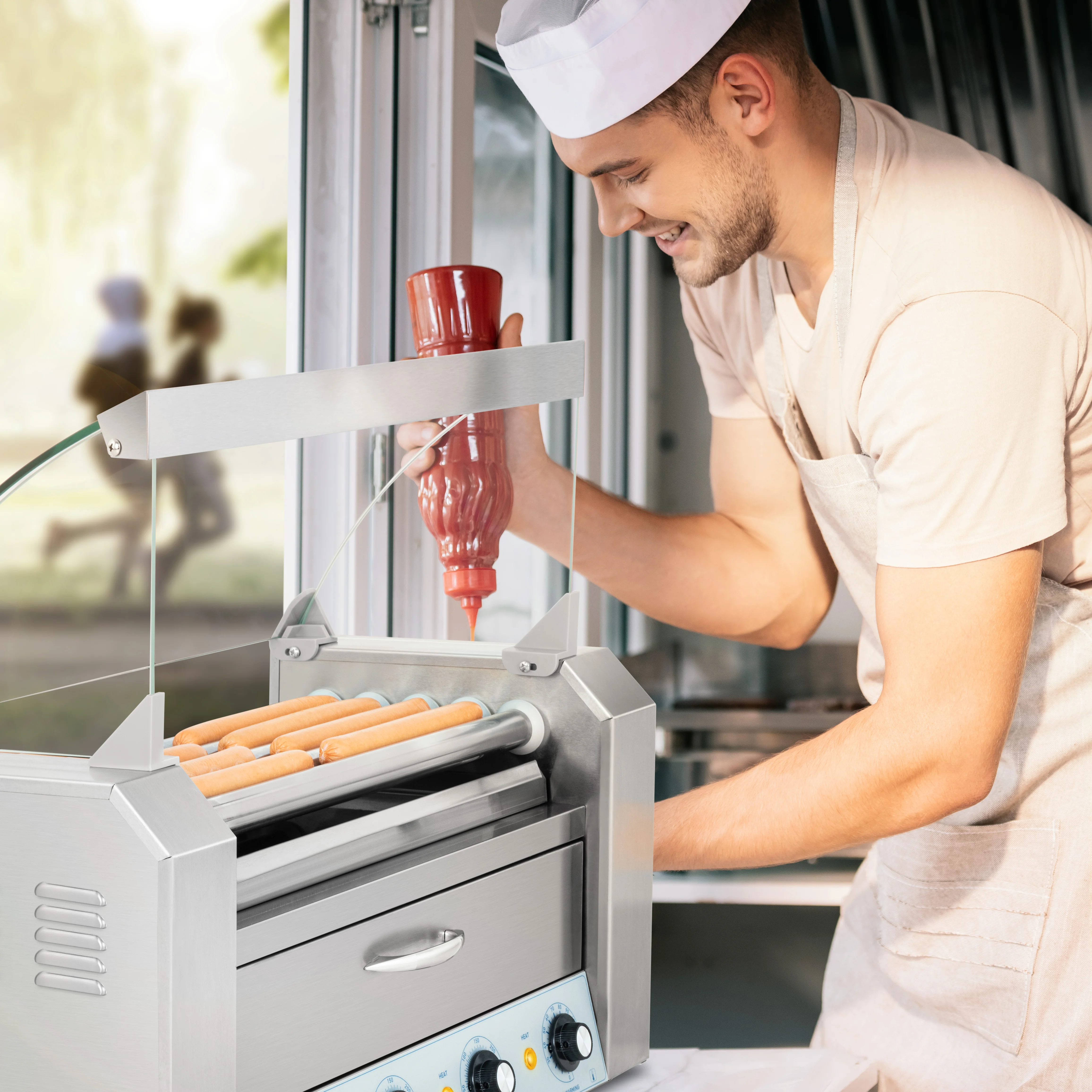 German Quality Standards CE Certified Market Leading Price Stainless Steel 5 Rollers with Warming Drawer Hot Dog Grill