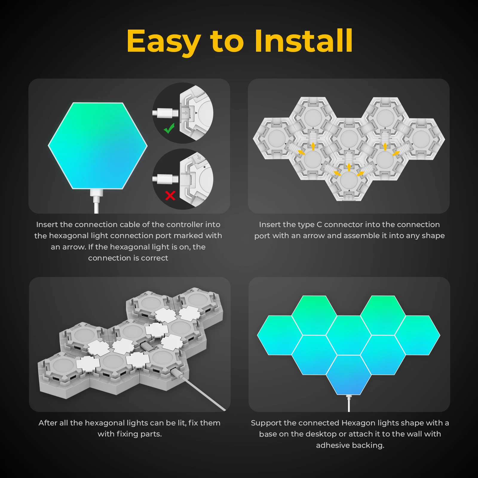 DIY 2024 Smart RGB шестиугольный сотовый новый игровой модульный шестигранный украшение дома светодиодные фонари