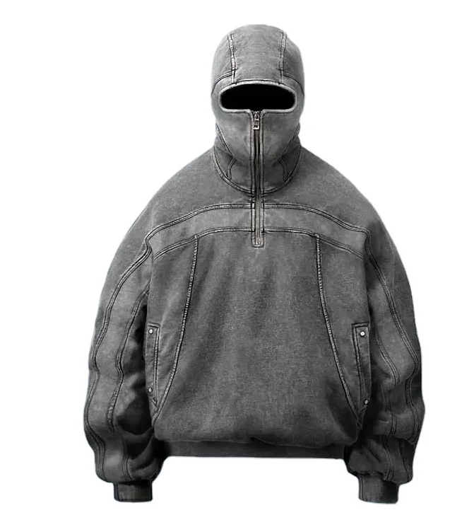 New Design Factory Wholesale Drop Shoulder Hoodie Vintage Blank Half Zip Up Hoodie Sweater Custom Men Acid Wash With Eye Holes