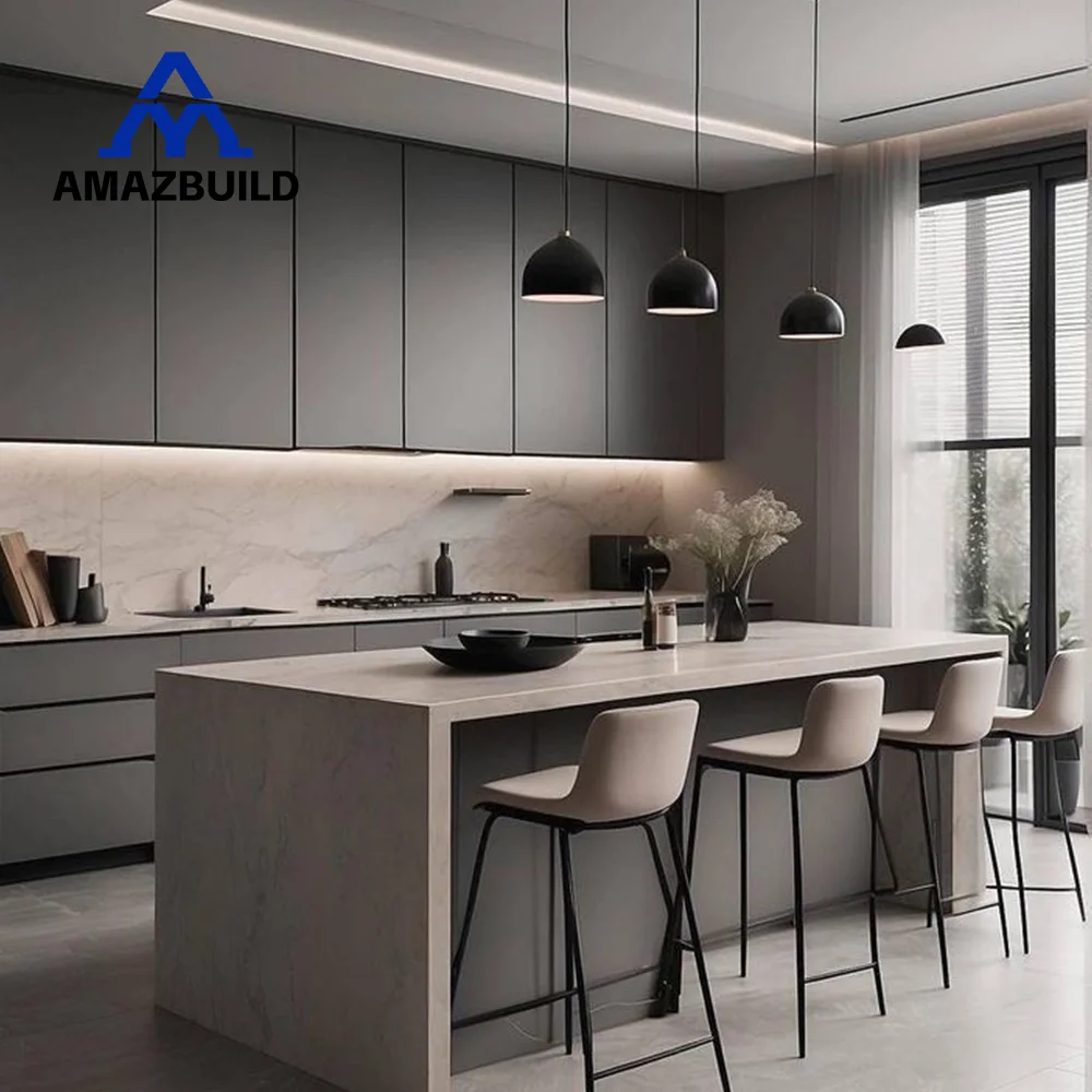AMAZBUILD Modern American Style Luxury Home Complete Matt Black Wood Kitchen Cabinets