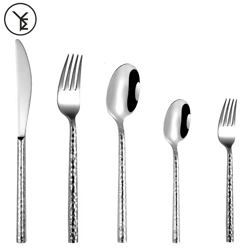 5 Pcs Creative Hammered Pattern Cutlery Set Western Stainless Steel Knife Fork Spoon Dinnerware Set Kitchen Tableware