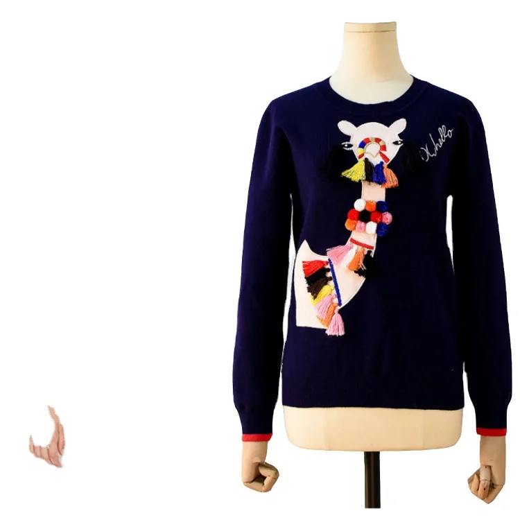 100% Cotton Custom Knit Sweater 3D Tassel Pompom Cute Pattern Knit Factory women knitwear sweater