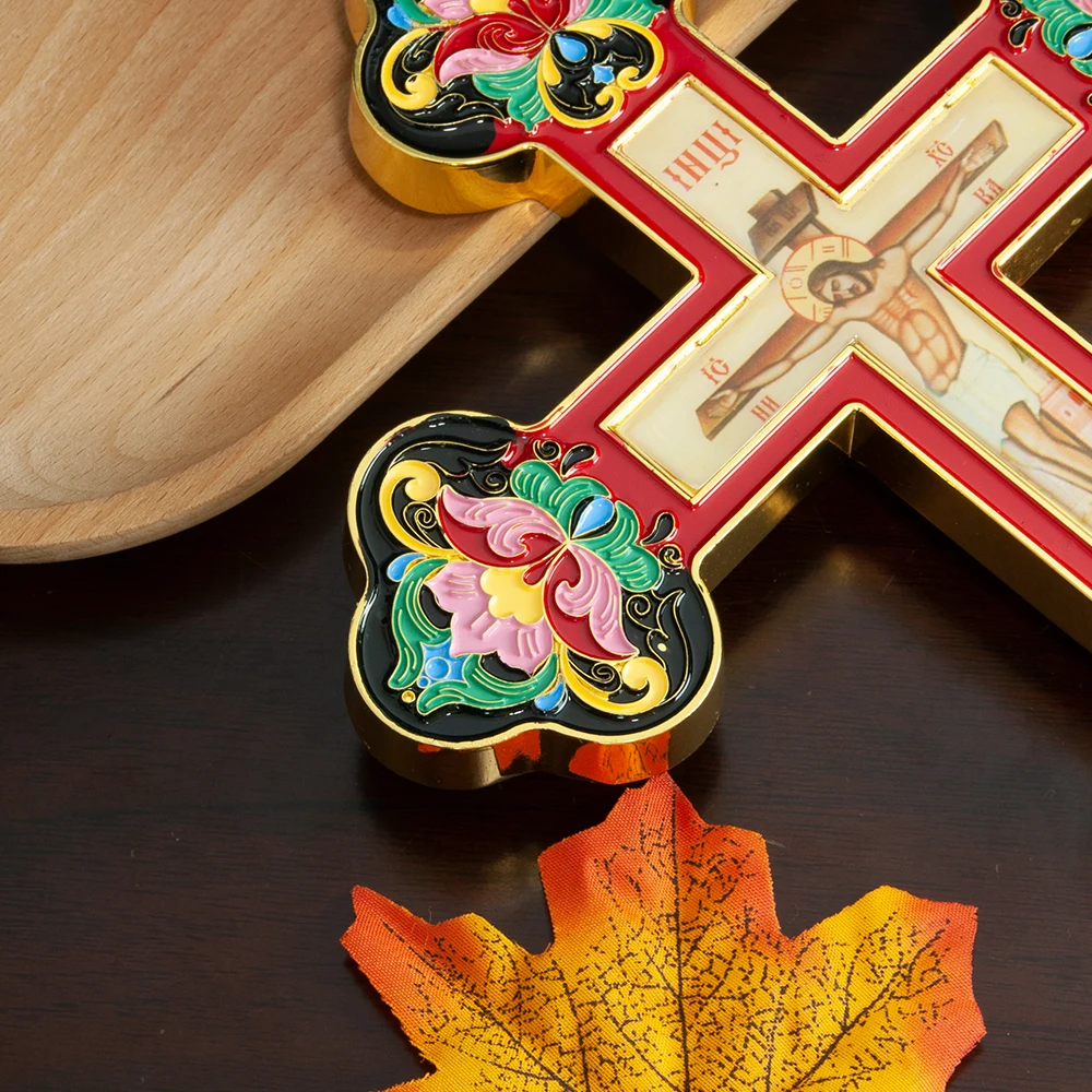New Design Orthodox Cross Gold Plated Jesus Icon Crucifix Colored Flower Enamel Decor Bishop Handheld Cross Religion Gift
