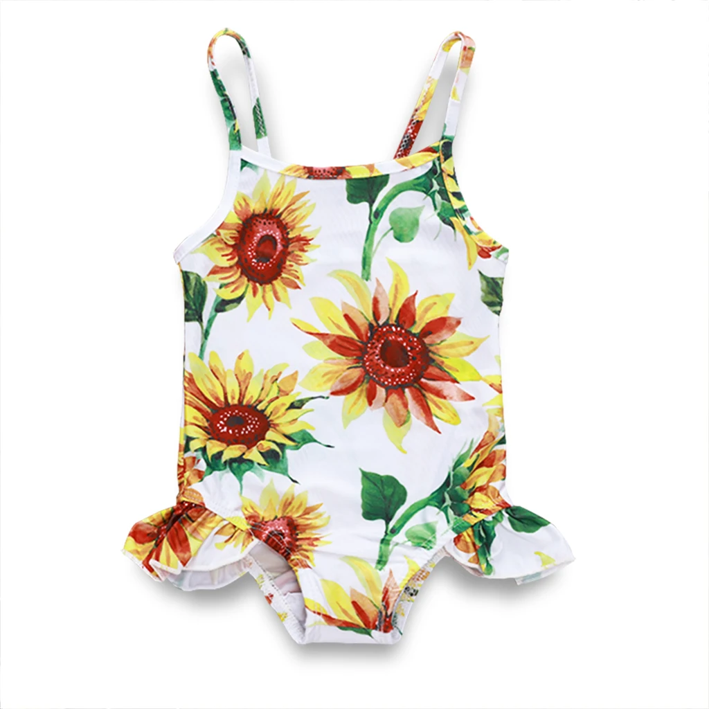 Sexy little girl swimsuit sunflower printed halter beachwear bikini for girls one piece swimwear