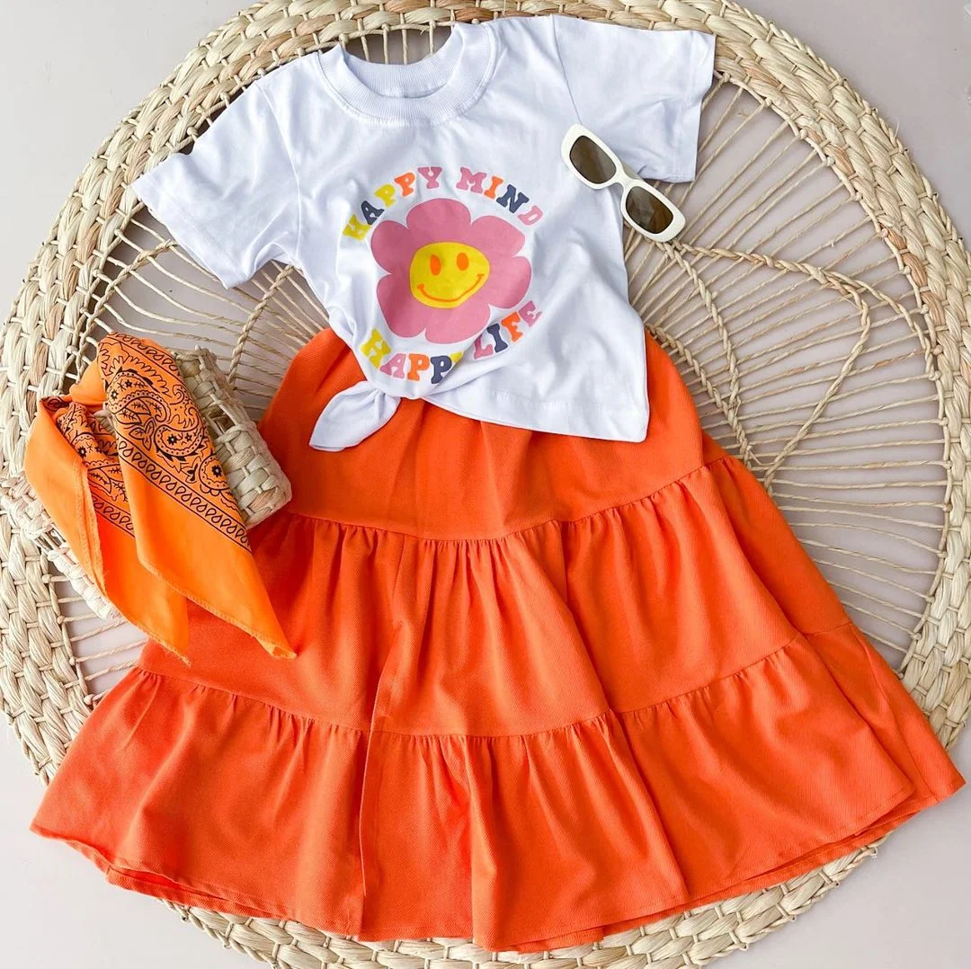 2024 Повседневный детский топ с коротким рукавом и юбкой с буквенным принтом, комплекты одежды, оптовая продажа, на заказ, лето, маленький минимальный размер