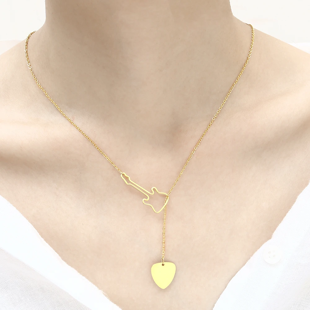 Hot Stainless Steel Music Series Gold Guitar Picks Shaped  Pendant Necklace