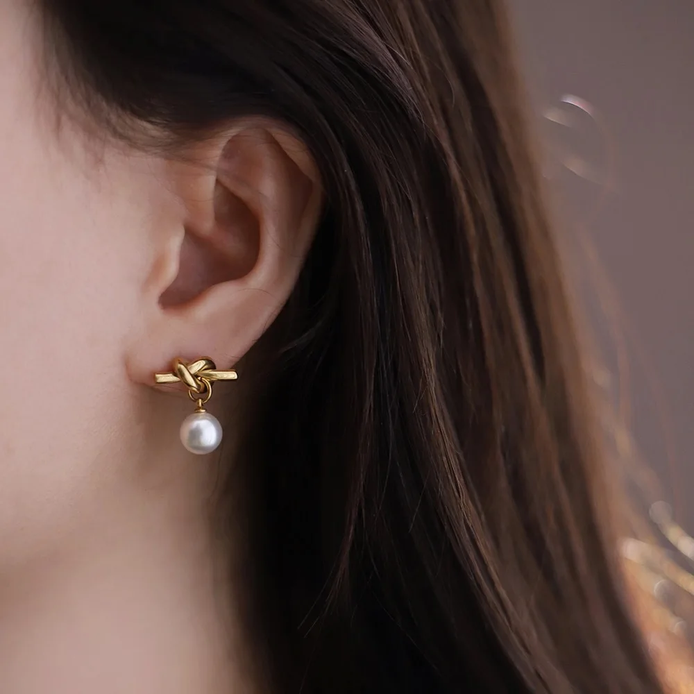 Stainless Steel Knot Pearl Earrings Summer Beach Jewelry 18K PVD Gold Plated White Gray Pearls Drop Dangle Earring Wholesaler