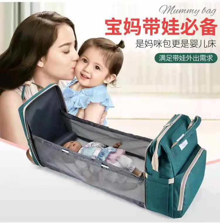 2021 new foldable mummy diaper backpack with multi-functional bed OEM shoulder diaper bag
