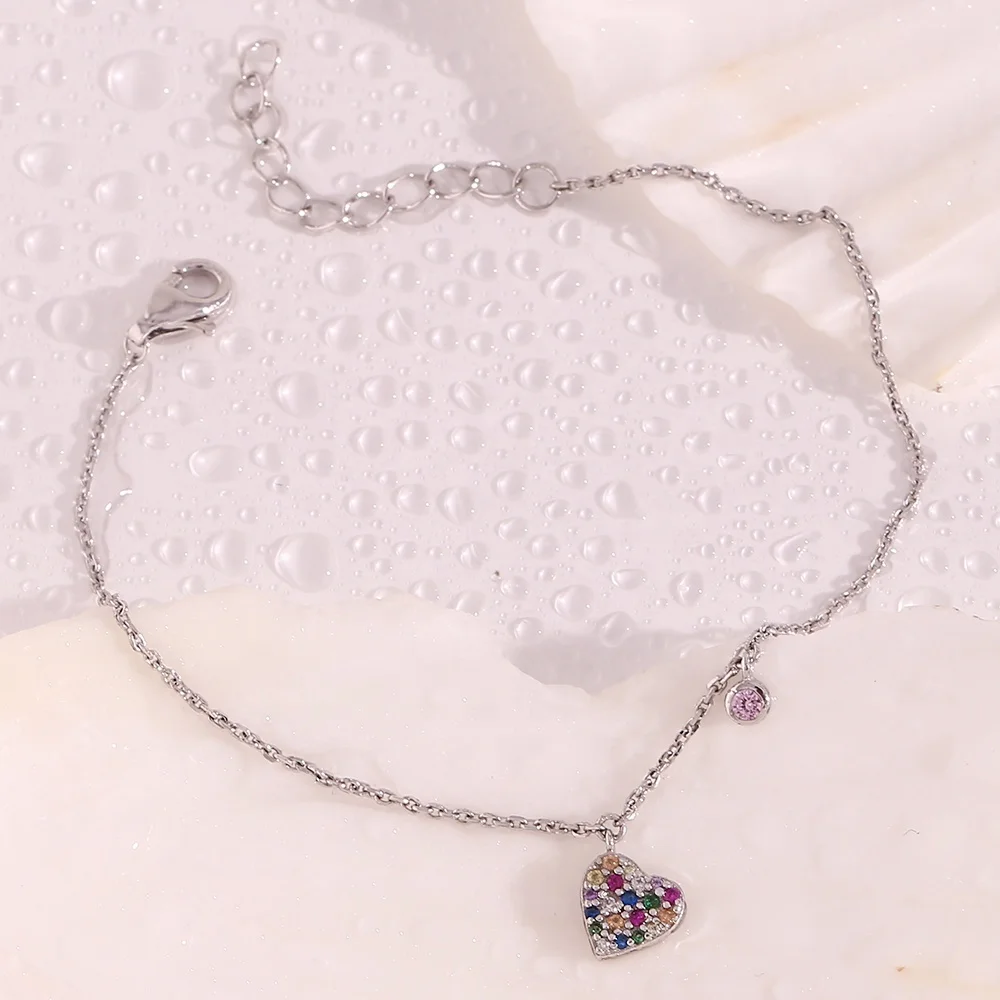 Rhodium Plated Crystal Rhinestone Heart Charm Love Bracelet 925 Sterling Silver for Women