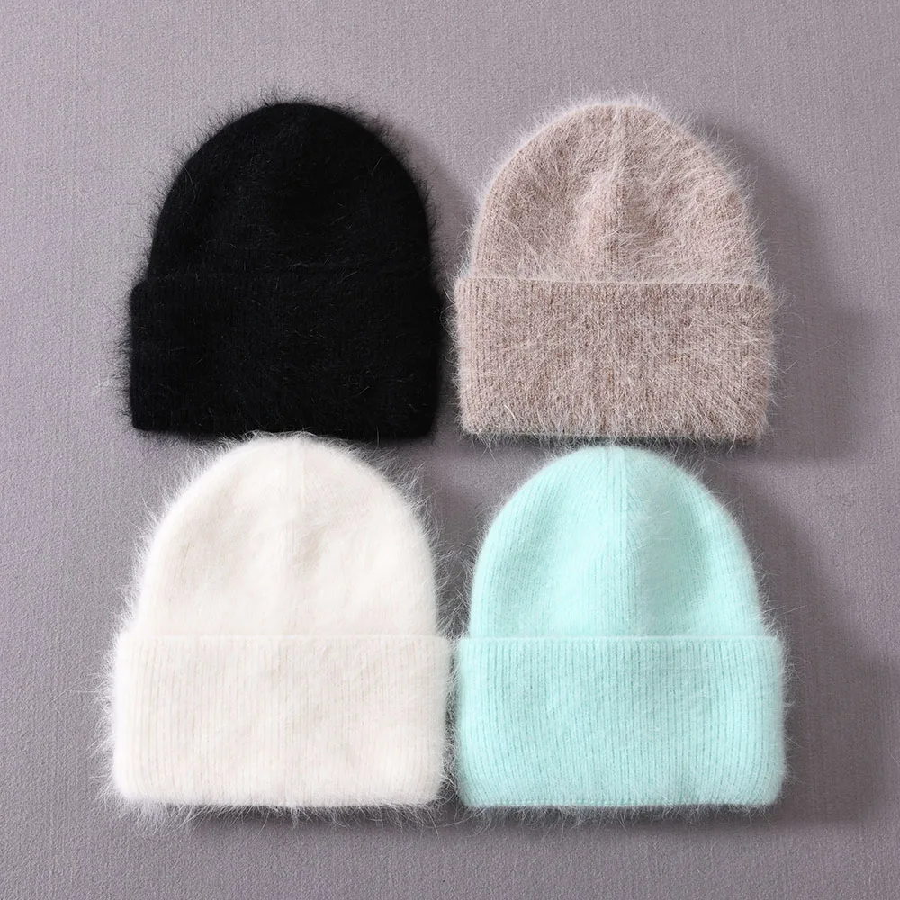 Outdoor Angora Rabbit Fur Knitted Hat Striped Wholesale Unisex Women Winter Custom Blank Fluffy Long Angora Wool Adult Beanie