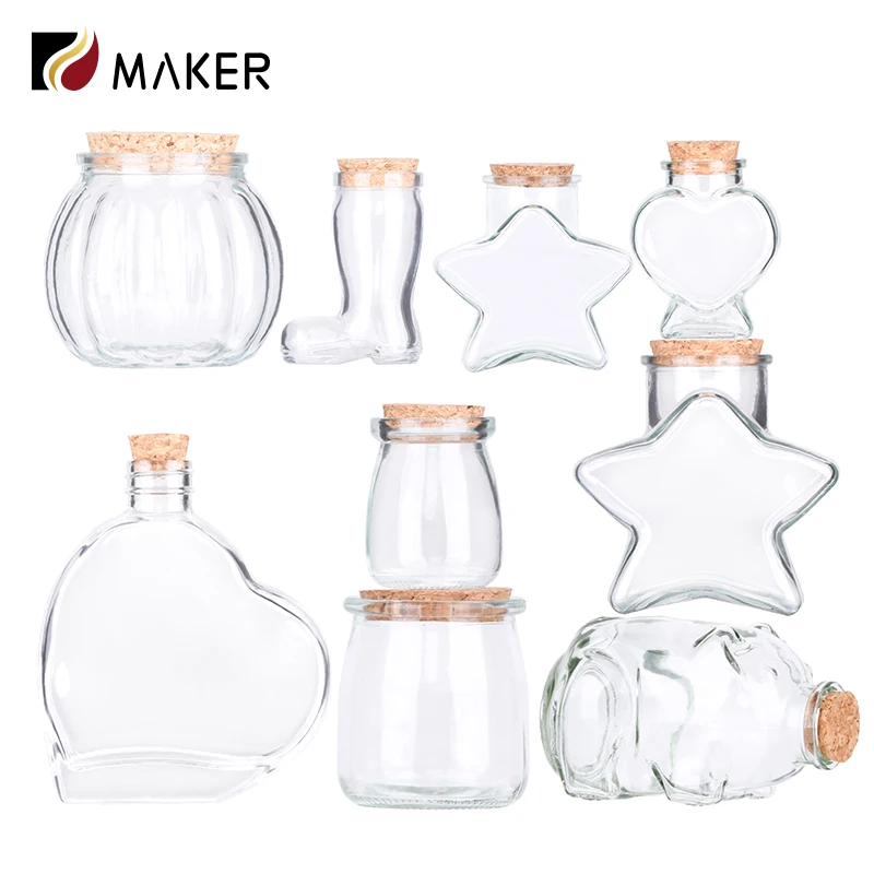 Wholesale Heart Star Shaped Glass Storage Wishing Jar Candy Favor Bottle With Cork Wooden Stopper For Decor Diy Gift Home Party