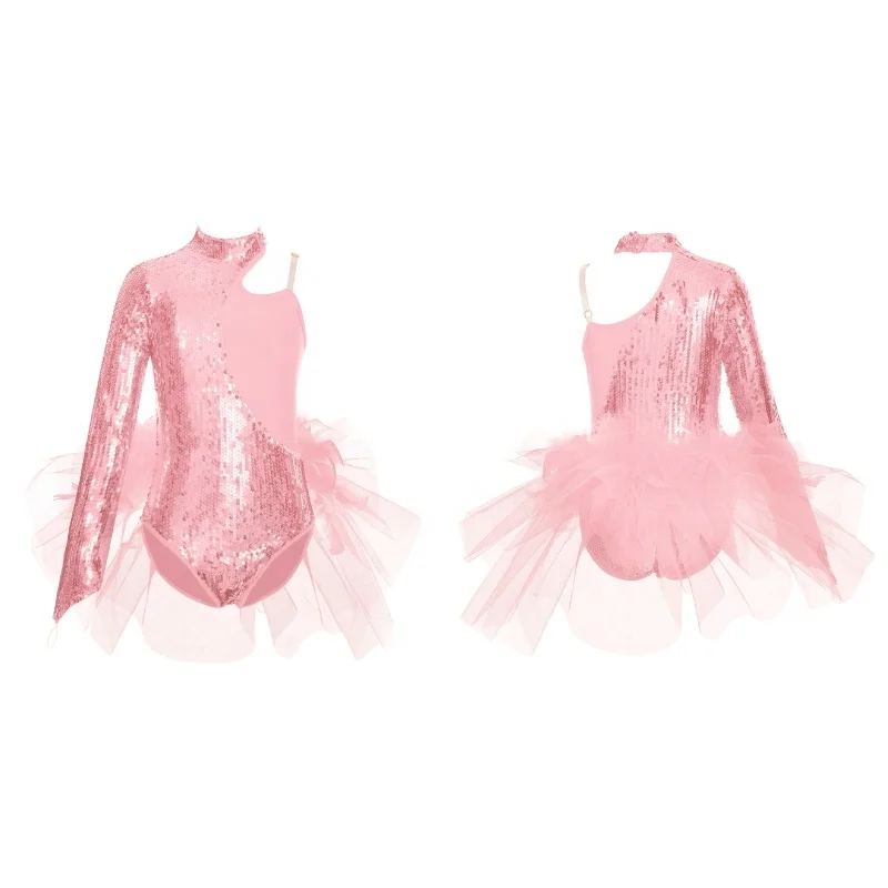Girls Feather Tulle Skirted Leotard Asymmetrical Shoulder Long Sleeve Bodysuit Dance Performance Costume