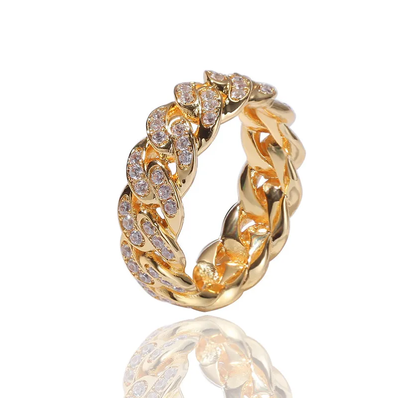 Хип-хоп 18K позолоченные льдом мужские кольца Zircon в Кубинском стиле, цепочка, кольцо, ювелирные изделия