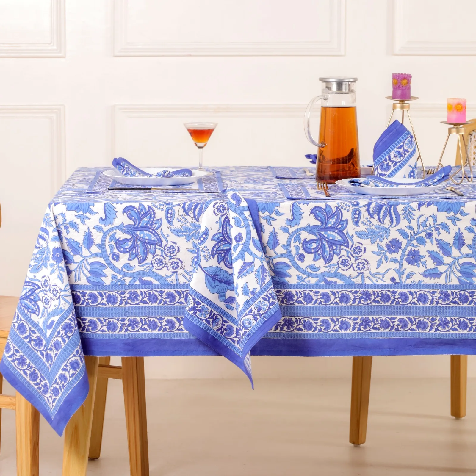Blue Open Hand Block Printed Cotton Wedding Table Cloth Embroidered For Sale Best Quality Indian Material