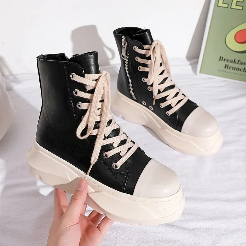 Black thick soled high top shoes for women New style high side zipper high top casual shoes Personalized sole leather casual