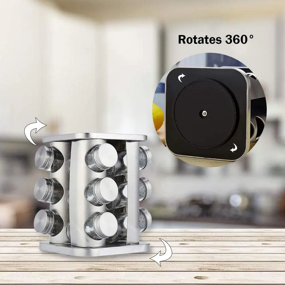 Rotating Spice Rack Organizer with 12 Jars - Revolving Standing Seasoning Tower for Countertop Kitchen Cabinet, Stainless Steel,