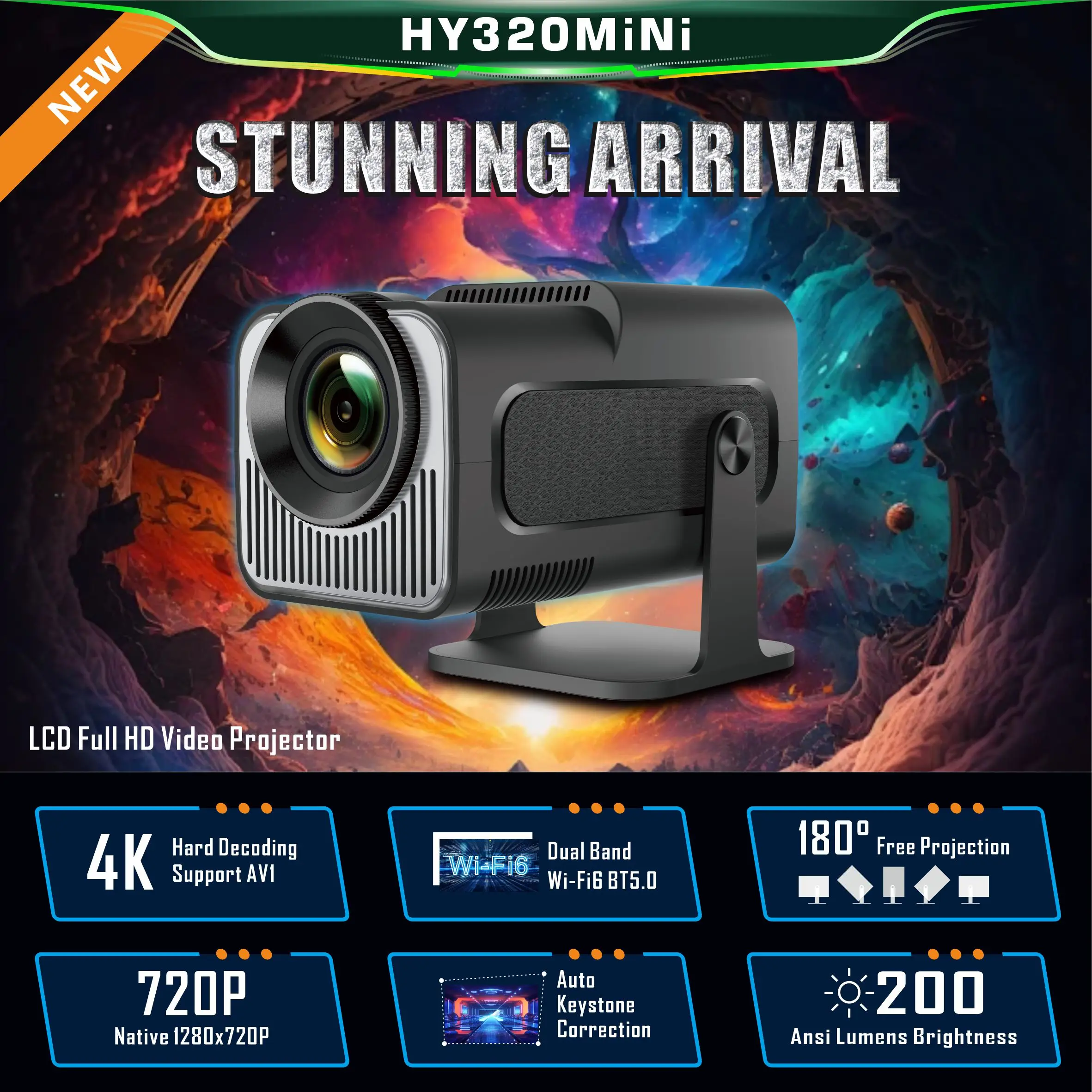 Мини-проектор Bokod Hy320 Wi-Fi 1080P Pro вращающийся на стену мини-проектор 4K Android