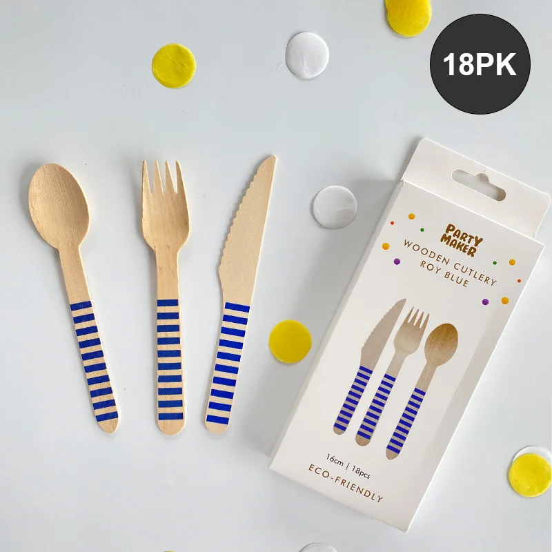 620054 Navy blue stripe Wooden Cutlery Disposable Wood Eco friendly fork knife spoon Tableware sets Party   Utensil kit Flatware