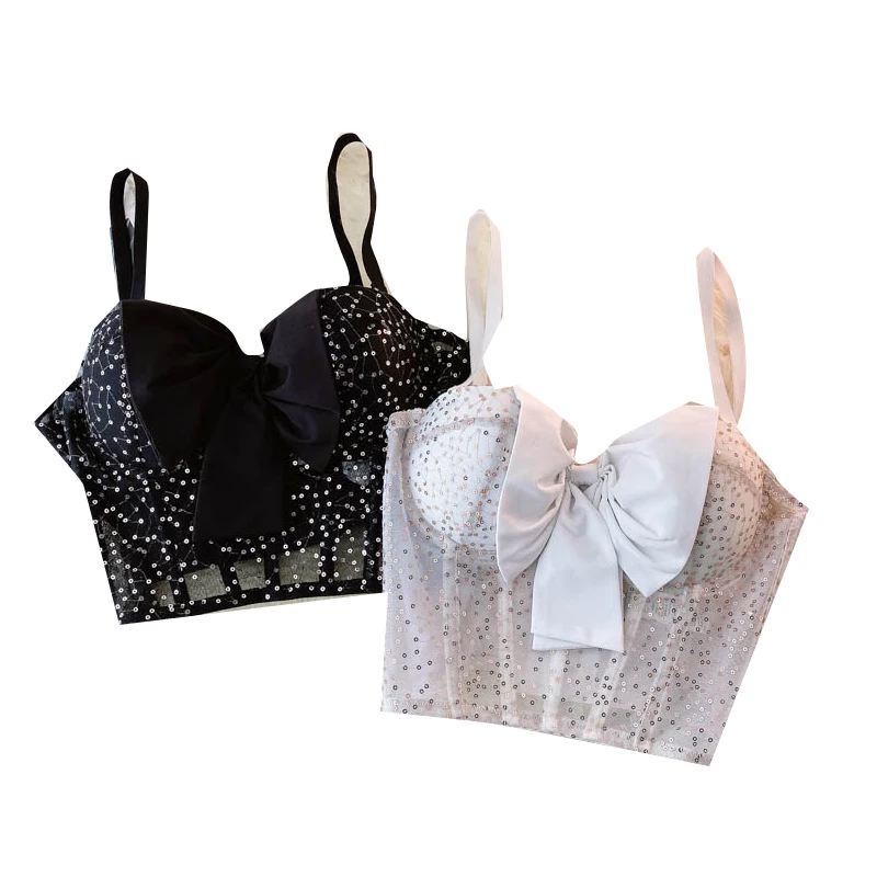 
T684 Women Fashion Summer Stars Camisole Wear Sequined Embroidered Clothes Short Corser Crop Tops Bustier Corsets Open Cup Lace 