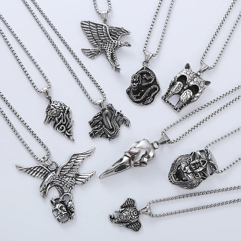 Hip Hop Stainless Steel  Mens Animal Necklace  Pendant Chain Dragon Snake Hawk Eagle Elephant Monkey WolfJewelry Necklaces Gift
