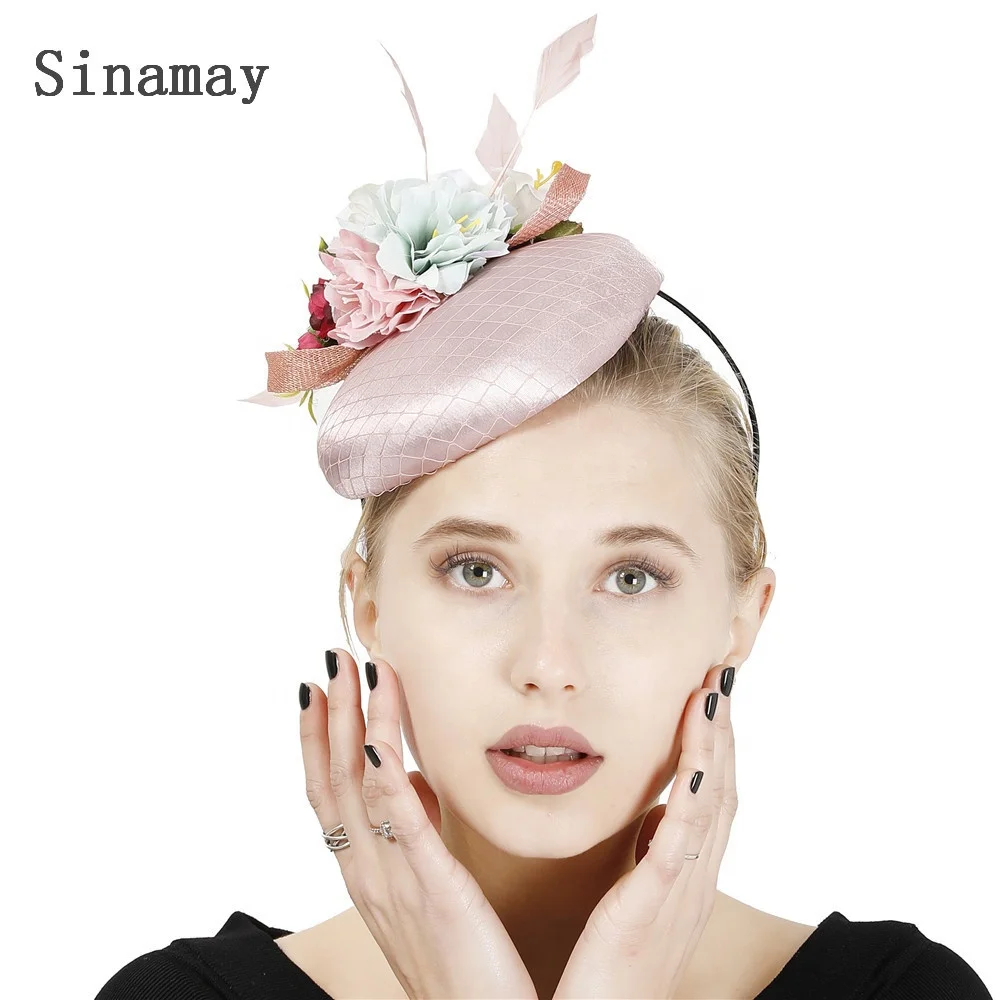 Women Phillbox Satin Top Artificial Flowers Fascinator Hat with Feather Tea Party Festival Headwear