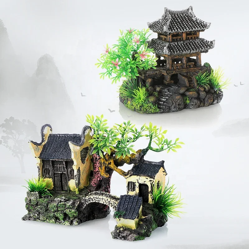 Fish tank decoration aquarium landscaping resin crafts house rockery ornaments Jiangnan hut water town Yunhe Tower