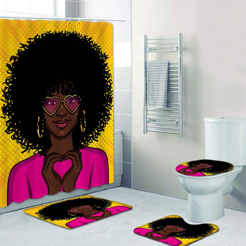Декор для ванной комнаты, комплект из 4 предметов, Подсолнух, африканская девочка, меланин, Женская ванная занавеска для душа и коврик
