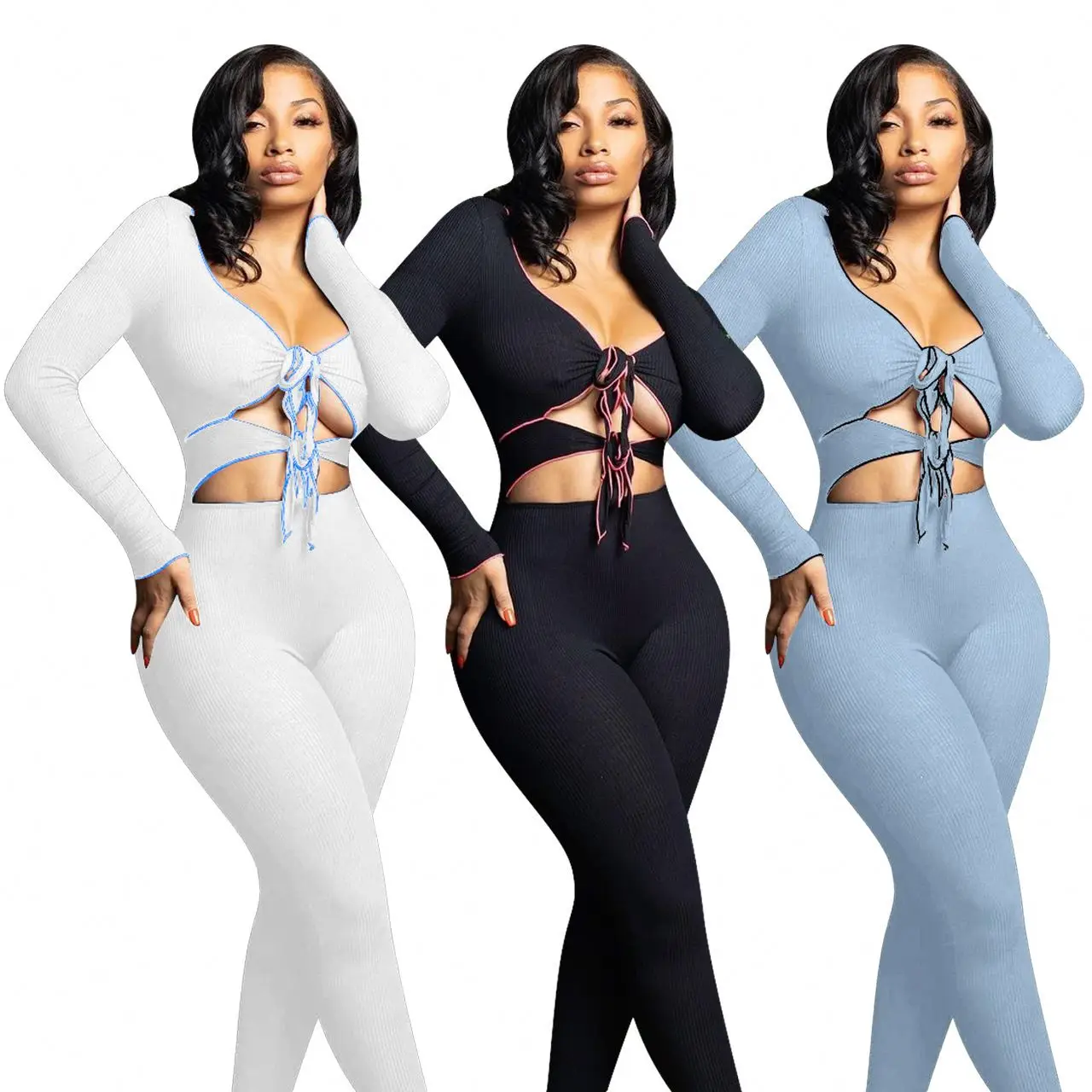 MOEN Solid Color Sexy Sets Women V - Neck Strappy Bra Trousers Two Piece Women Set
