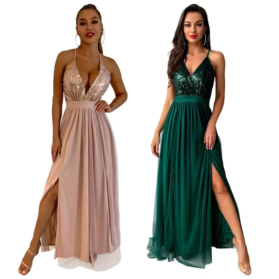 2022 New Product Sexy Modest Wedding Mother Of The Bride Dresses women Sexy Mesh Sequined Slit Slip Casual Dress For Wholesale