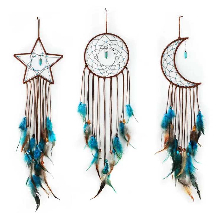 Organic Material Wall Hanging Decoration  Handmade Turquoise Stone Feather Macrame Dream Catcher