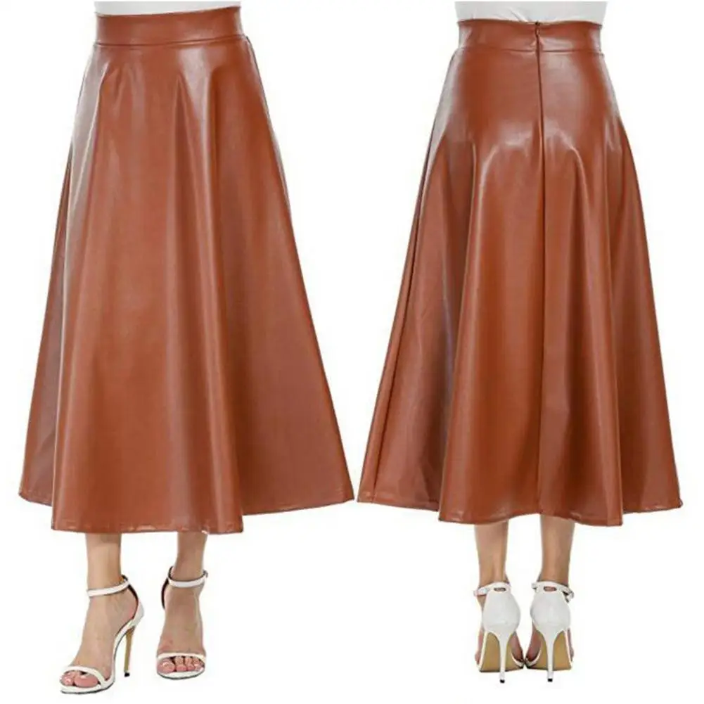 Sidiou Group Autumn Winter Women PU Leather Skirt High Waist Slim Vintage Pleated Skirt Large Swing Long Skirts