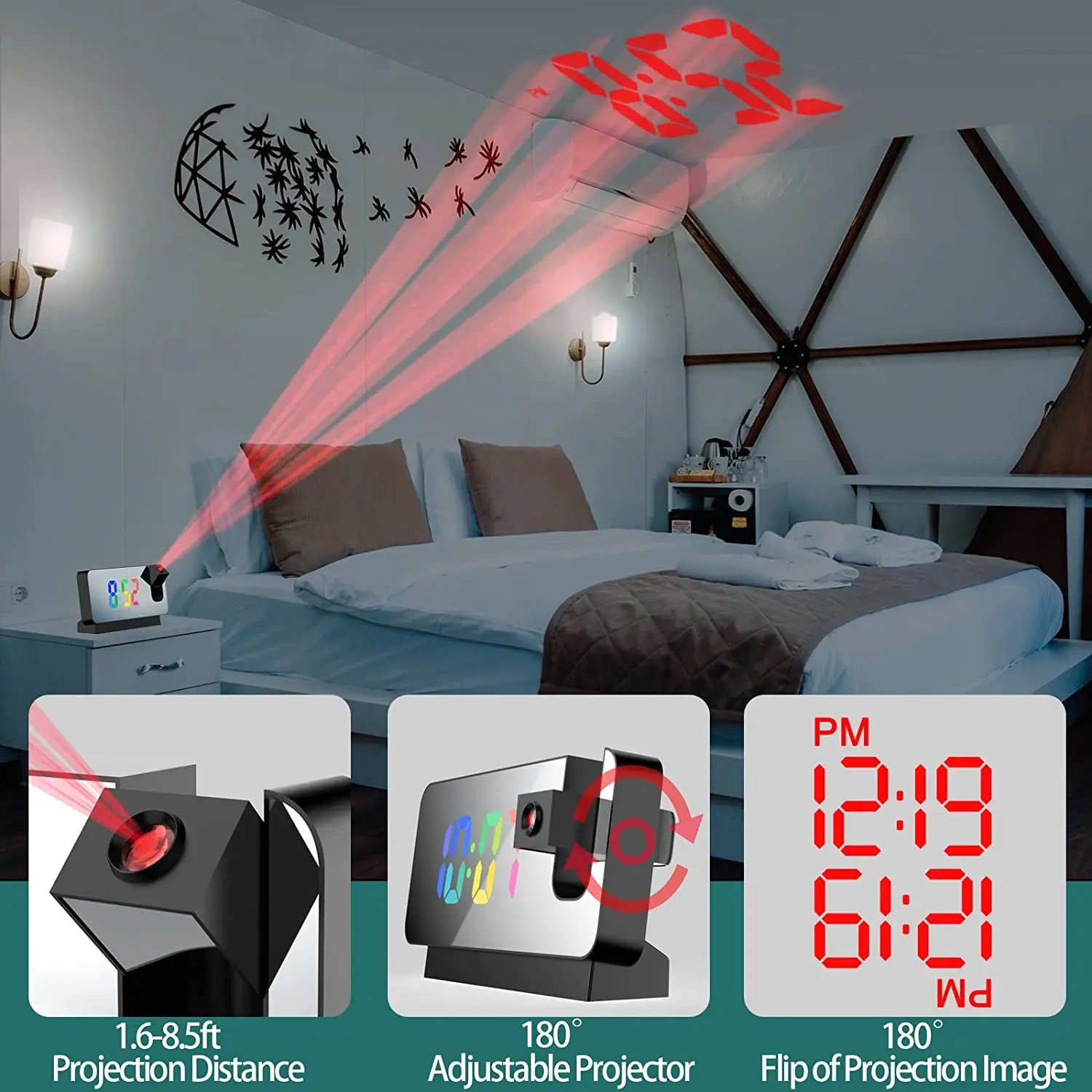 LED Digital Time Projection Table Ceiling Wall Electronic Alarm Clock with Projector Laser Featuring Bedroom Bedside