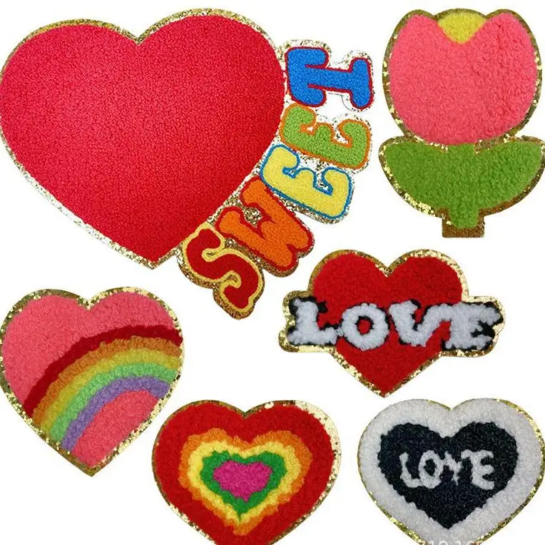Chenille Embroidered Teacher Apple Love Heart Patch Iron On Chenille Holiday patches for clothes