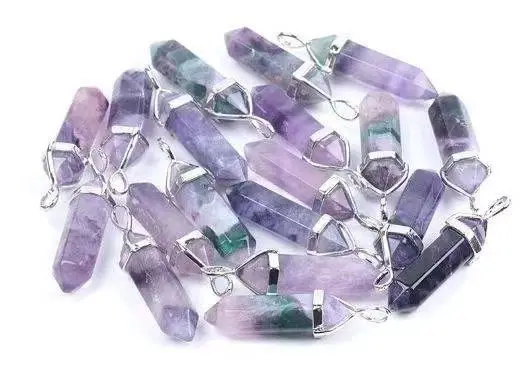 Factory Direct sales natural stone two-pointed colorful fluorite hexagonal column necklace