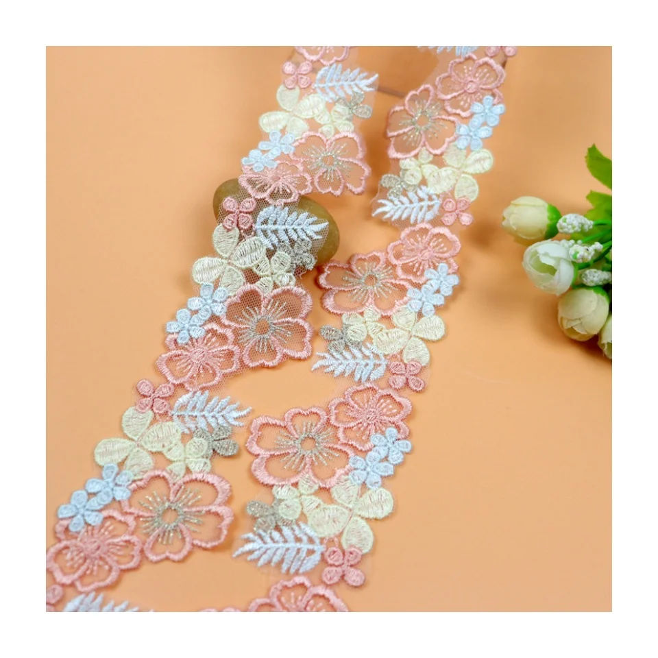 High Quality colorful flower 5cm embroidery  water soluble Lace Trim Polyester tulle Lace ribbon  Mesh Fabric for dress DL01