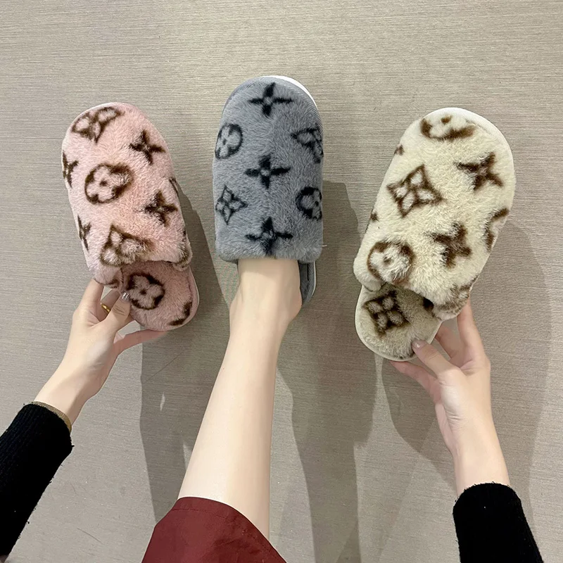 Popular printed house silent fur slides slippers fashion home warm anti slip plush slippers for women new styles