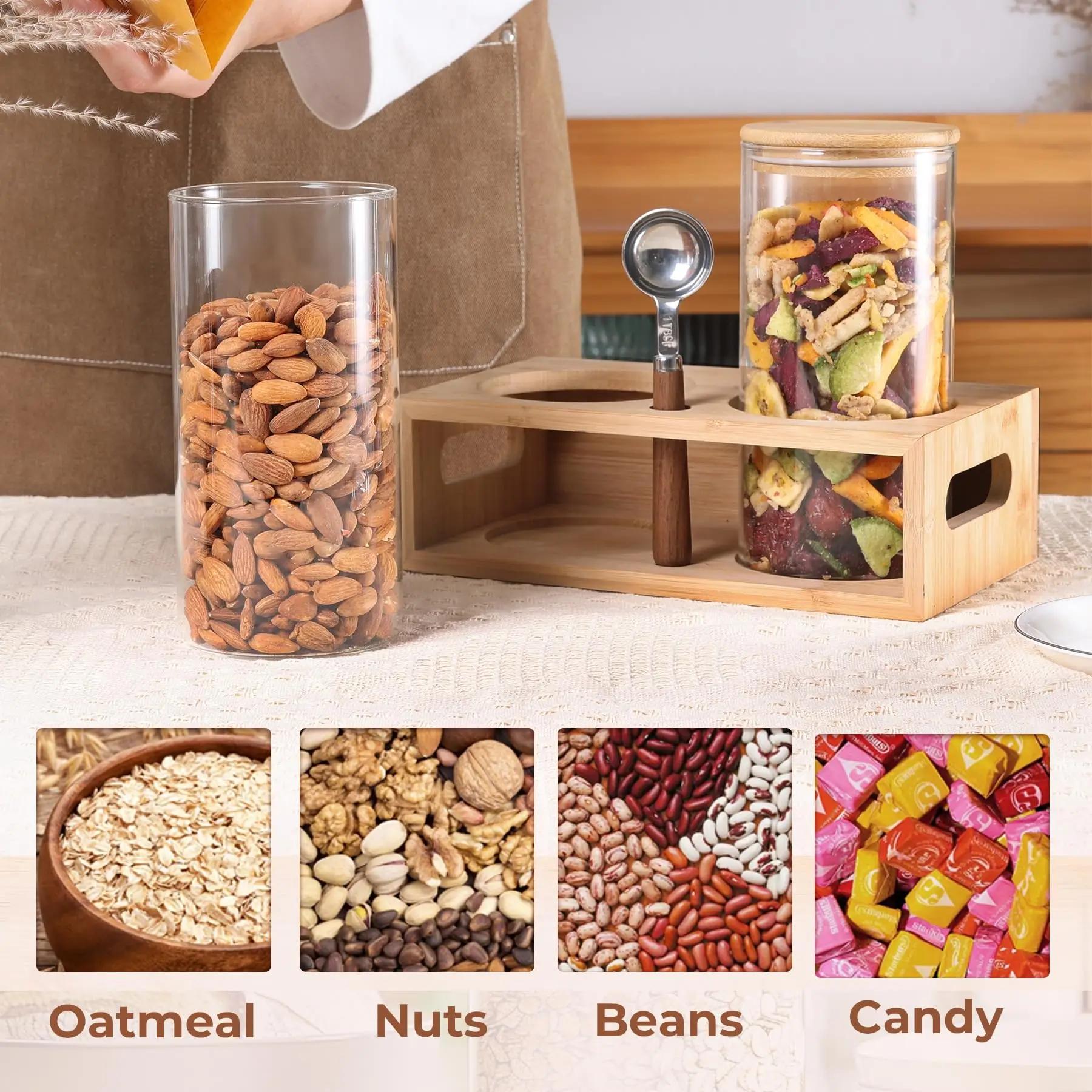 High Borosilicate Round Handmade Glass Storage Container Jar with Bamboo Wooden Lid for Food Spice Herb Candle