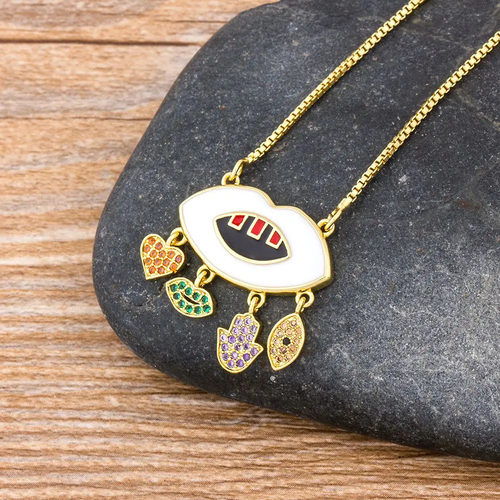 QIKU Creative Design Lip Shape Heart/Palm/Eye Pendant Women Necklace Copper Zircon Charm Jewelry Unusual Accessories Girl Gift
