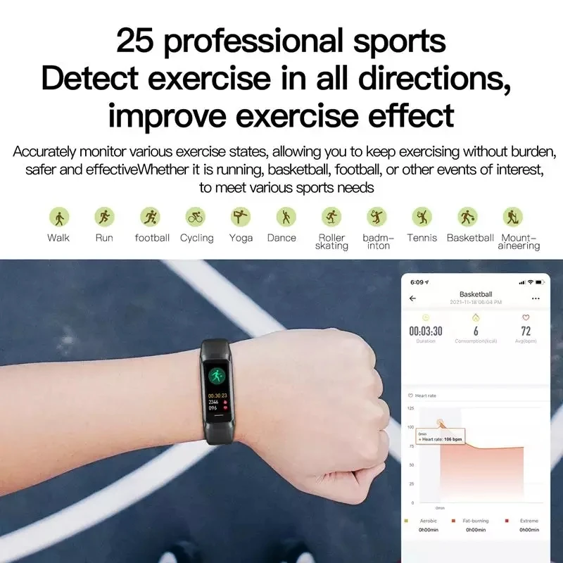 New C60 Fitness Smart Bracelet 1.1 inch AMOLED Touch Screen Heart Rate Blood Pressure Oxygen Body Temperature Sports Smart Band