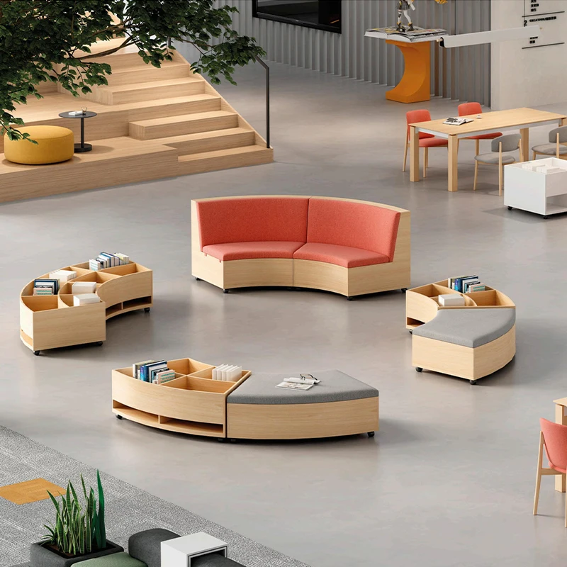 Sagely Bookshelf with Modular Sofa Seat S Shaped Wooden Creative Fabric Modern Nordic Style Chair Piano Chair Library Furniture